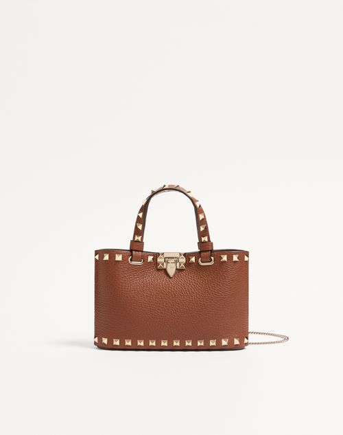Valentino Garavani - Rockstud Mini Shopping Bag In Grainy Calfskin - Saddle Brown - Woman - Totes